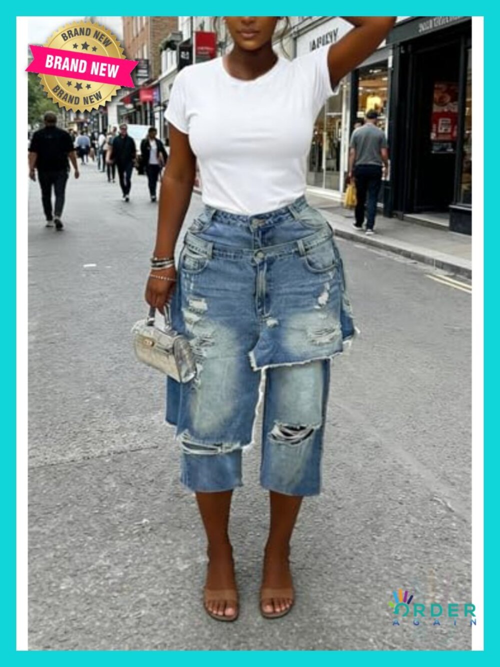 Wide Leg Capri Jeans Distressed Ripped Patchwork Denim Shorts Jorts - Picture 2 of 6